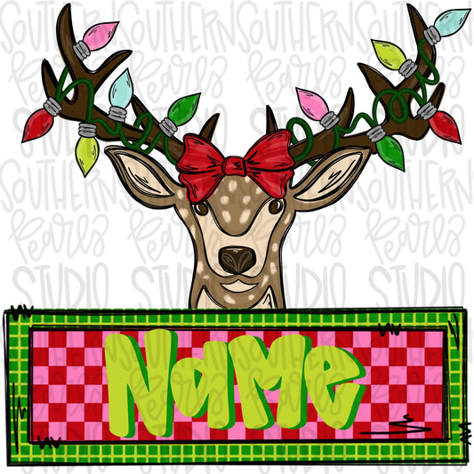 Girl reindeer with bow and string of lights and name patch | Sublimation Design | Digital Download | Women’s, Kids Shirt PNG
