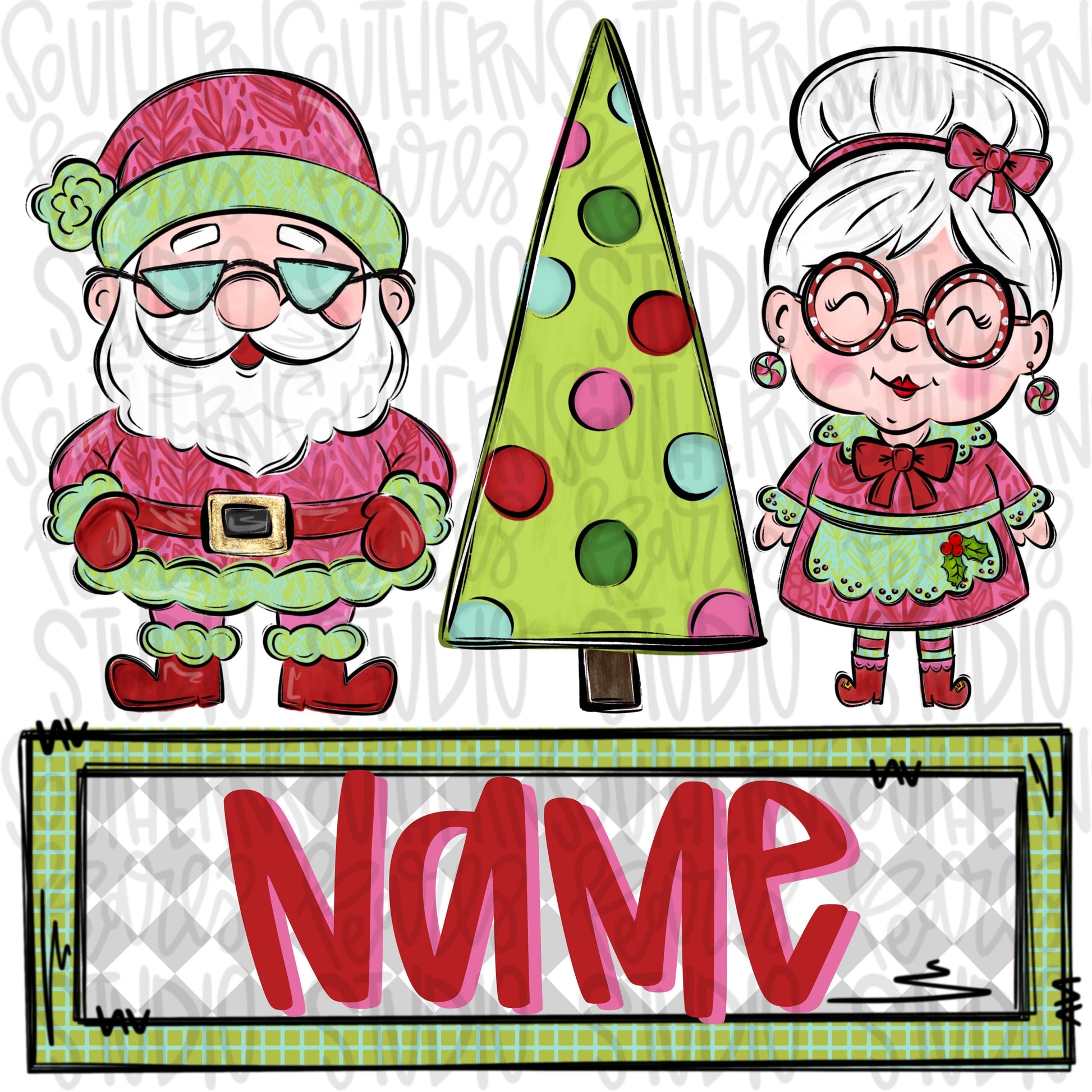 Santa, tree and Mrs claus trio with name patch girly | Sublimation Design | Digital Download | Women’s, Kids Shirt PNG