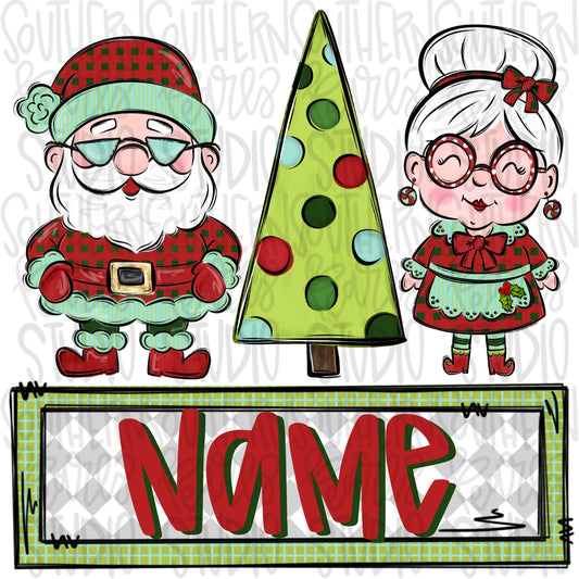 Santa, tree and Mrs claus trio with name patch boyish | Sublimation Design | Digital Download | Women’s, Kids Shirt PNG
