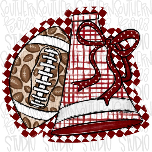 Football and Megaphone with bow | Crimson and white | leopard and check | Go Team | PNG | Sublimation | Design Download