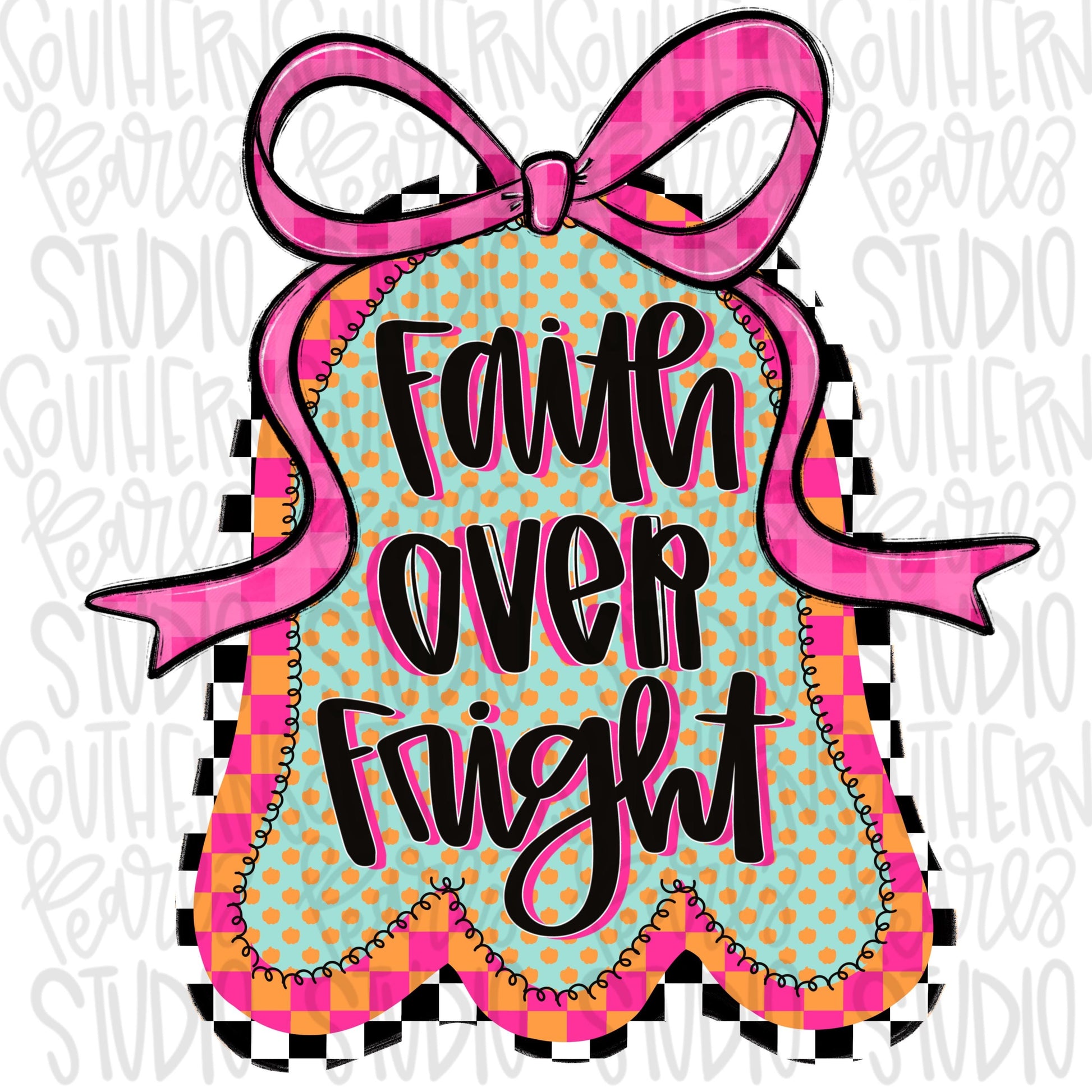 Faith over Fright checkered ghost with bow | Sublimation Design | Digital Download | Women’s, Kids Shirt PNG