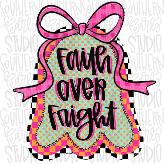 Faith over Fright checkered ghost with bow | Sublimation Design | Digital Download | Women’s, Kids Shirt PNG