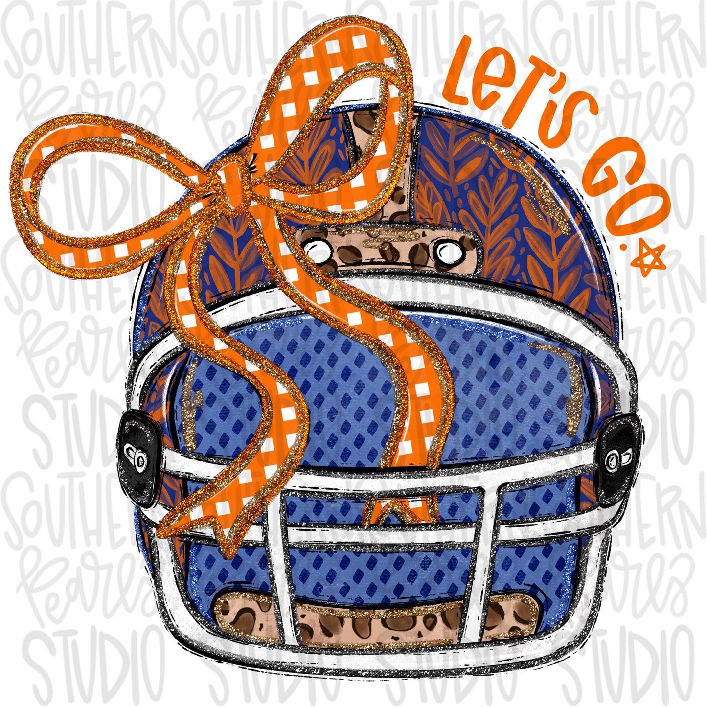 Helmet with bow | Royal and Orange | leopard and glitter | Lets Go | Go Team | PNG | Sublimation | Design Download