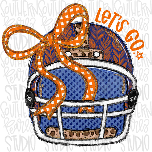 Helmet with bow | Royal and Orange | leopard and glitter | Lets Go | Go Team | PNG | Sublimation | Design Download