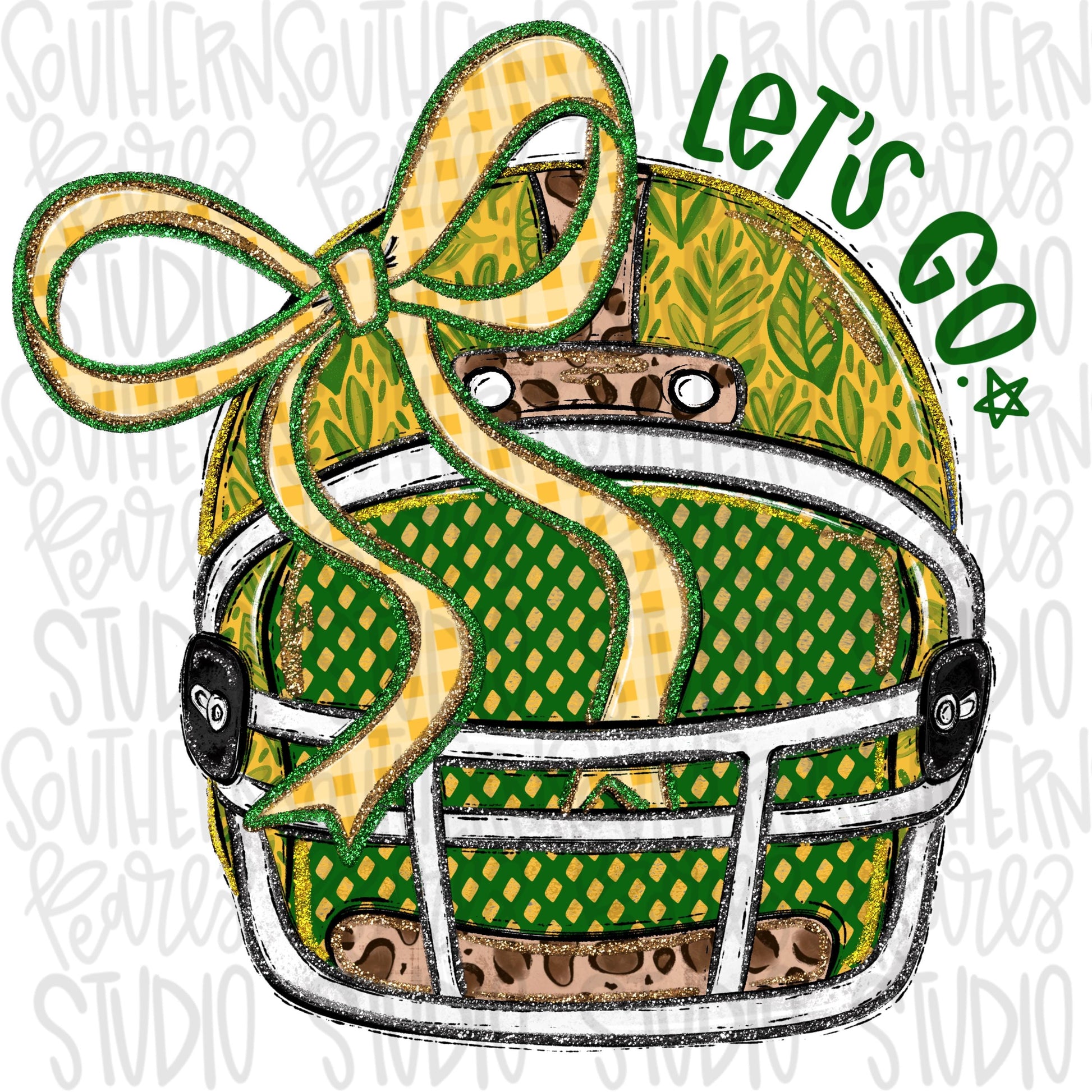 Helmet with bow | Yellow and Green | leopard and glitter | Lets Go | Go Team | PNG | Sublimation | Design Download