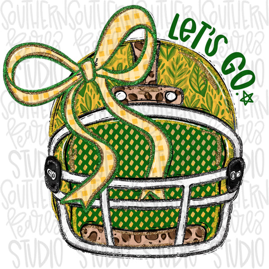 Helmet with bow | Yellow and Green | leopard and glitter | Lets Go | Go Team | PNG | Sublimation | Design Download