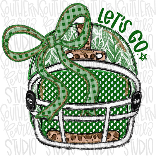 Helmet with bow | Green and White | leopard and glitter | Lets Go | Go Team | PNG | Sublimation | Design Download