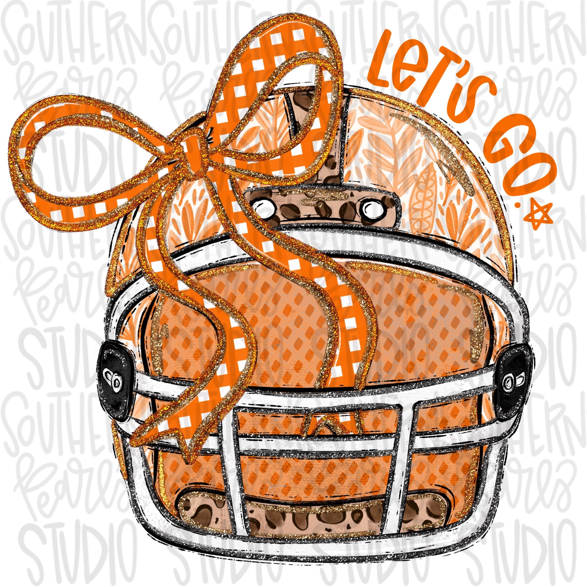 Helmet with bow | Orange and White | leopard and glitter | Lets Go | Go Team | PNG | Sublimation | Design Download