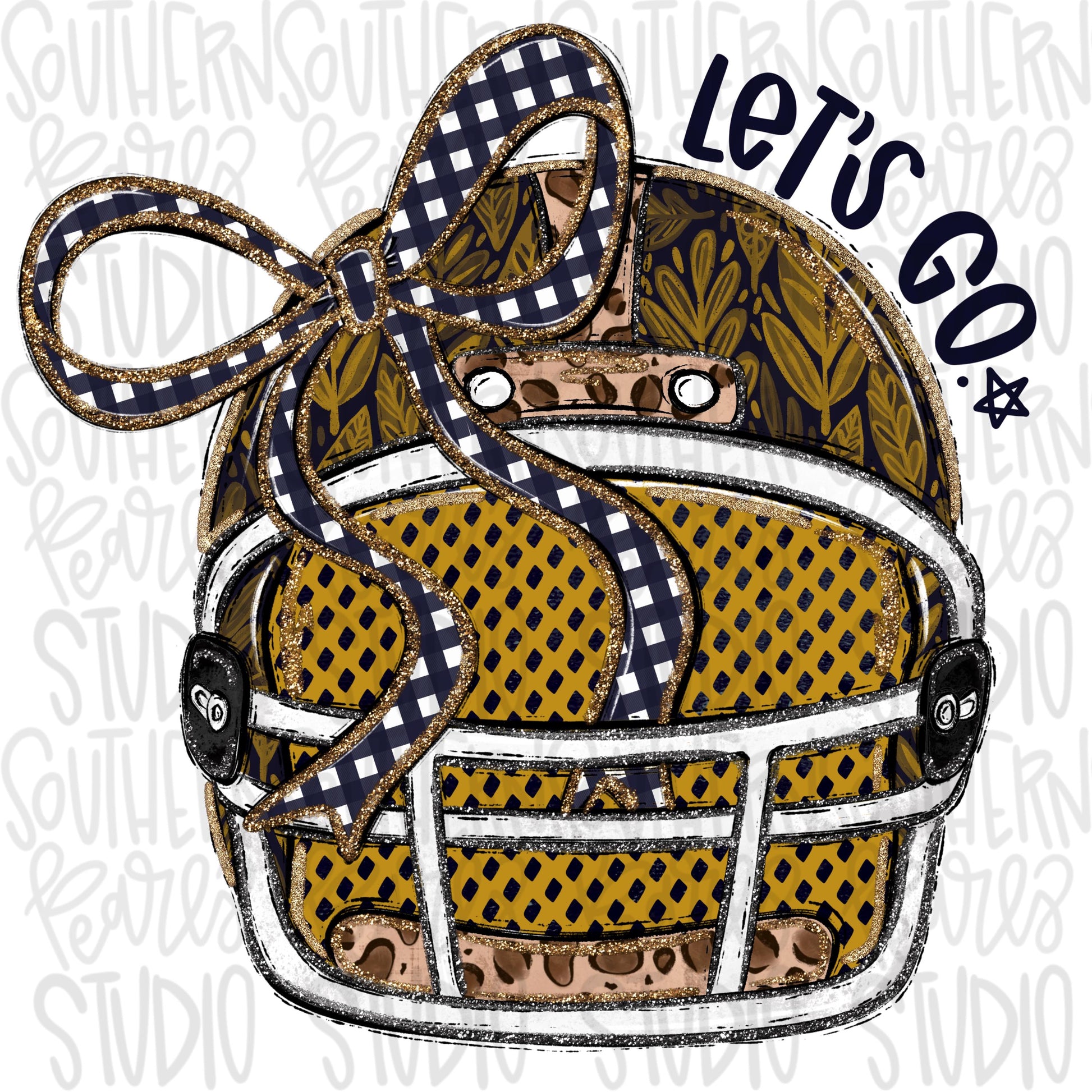 Helmet with bow | Gold and Navy blue | leopard and glitter | Lets Go | Go Team | PNG | Sublimation | Design Download