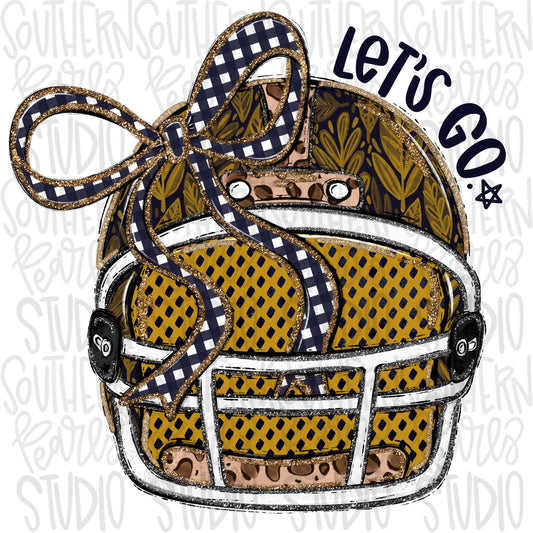 Helmet with bow | Gold and Navy blue | leopard and glitter | Lets Go | Go Team | PNG | Sublimation | Design Download