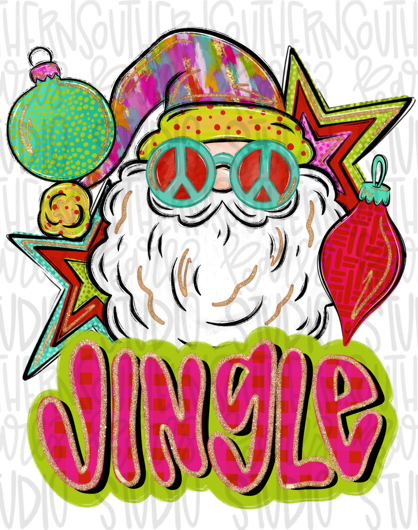 Jingle Retro Santa with Ornaments and Stars | Colorful | Christmas | Sublimation Design | Digital Download | Women’s, Kids Shirt PNG