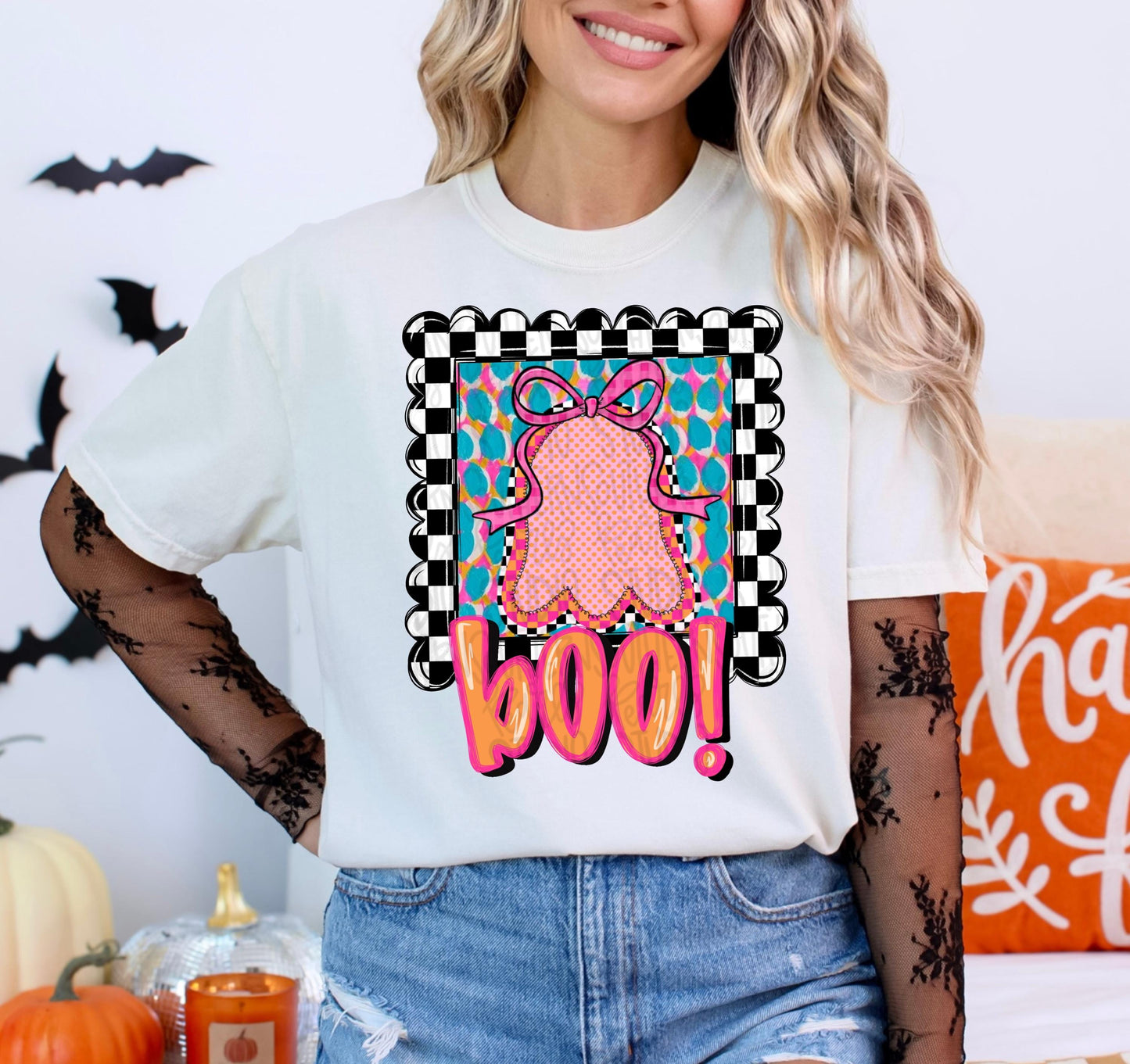 Boo ghost with bow in frame | Sublimation Design | Digital Download | Women’s, Kids Shirt PNG