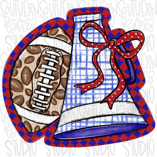Football and Megaphone with bow | Royal and Red | leopard and check | Go Team | PNG | Sublimation | Design Download