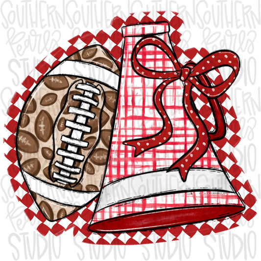 Football and Megaphone with bow | Red and White | leopard and check | Go Team | PNG | Sublimation | Design Download