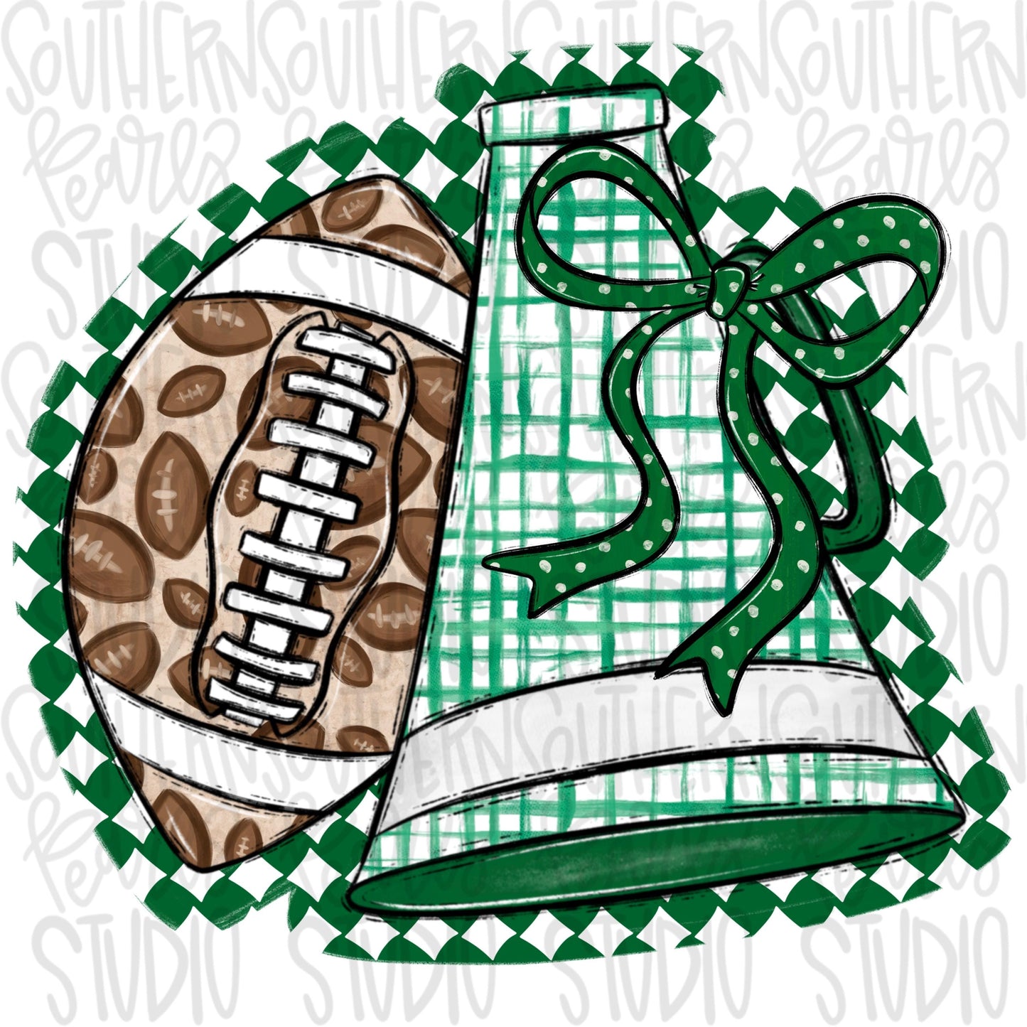 Football and Megaphone with bow | Green and white | leopard and check | Go Team | PNG | Sublimation | Design Download