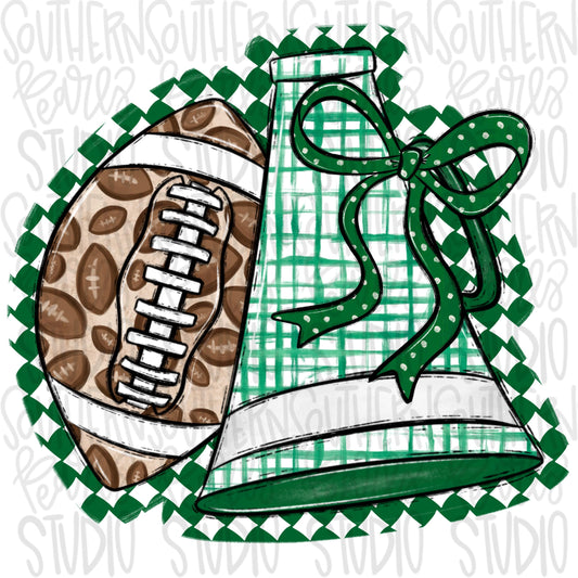 Football and Megaphone with bow | Green and white | leopard and check | Go Team | PNG | Sublimation | Design Download