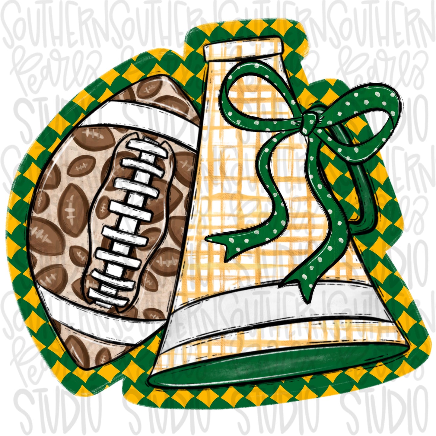 Football and Megaphone with bow | yellow and green | leopard and check | Go Team | PNG | Sublimation | Design Download