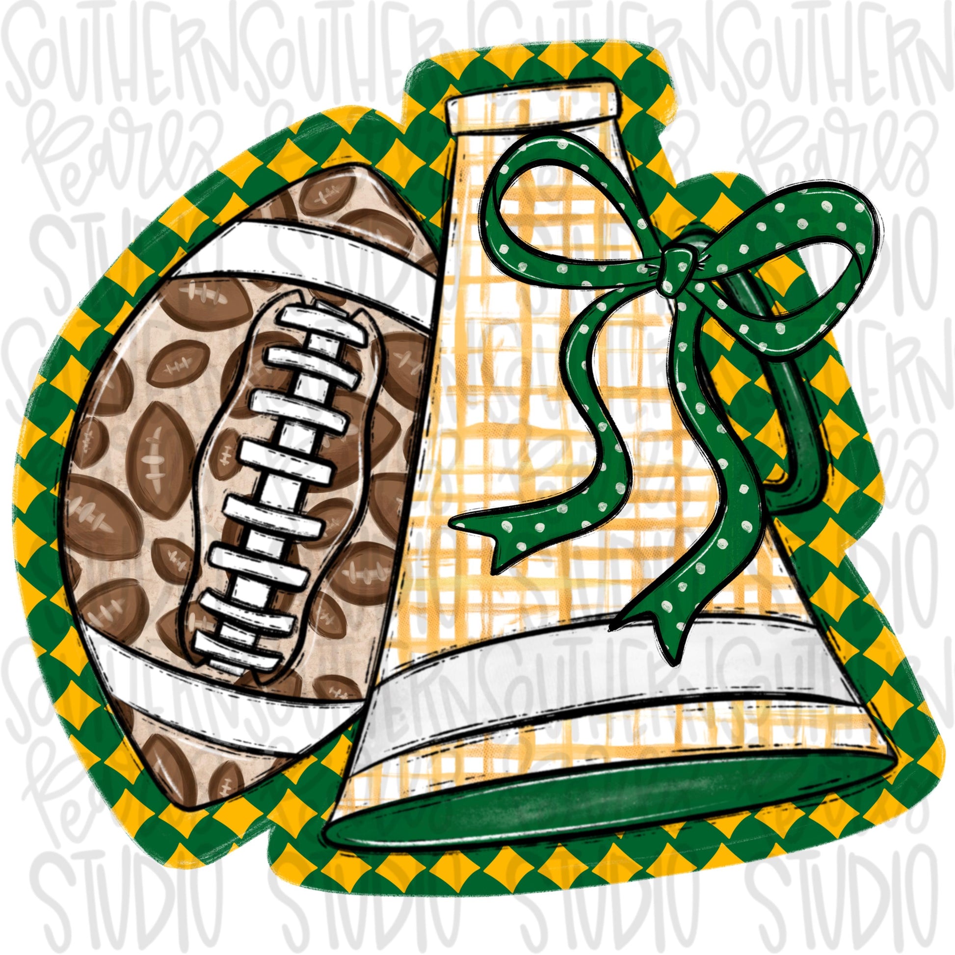 Football and Megaphone with bow | yellow and green | leopard and check | Go Team | PNG | Sublimation | Design Download