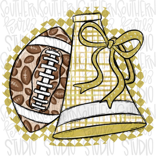 Football and Megaphone with bow | Vegas gold and white | leopard and check | Go Team | PNG | Sublimation | Design Download