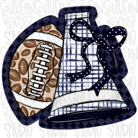 Football and Megaphone with bow | Navy and white | leopard and check | Go Team | PNG | Sublimation | Design Download