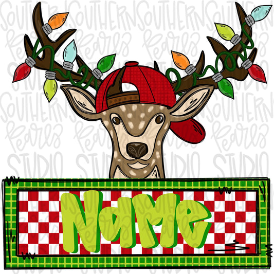 Boy reindeer with hat and string of lights and name patch | Sublimation Design | Digital Download | Women’s, Kids Shirt PNG