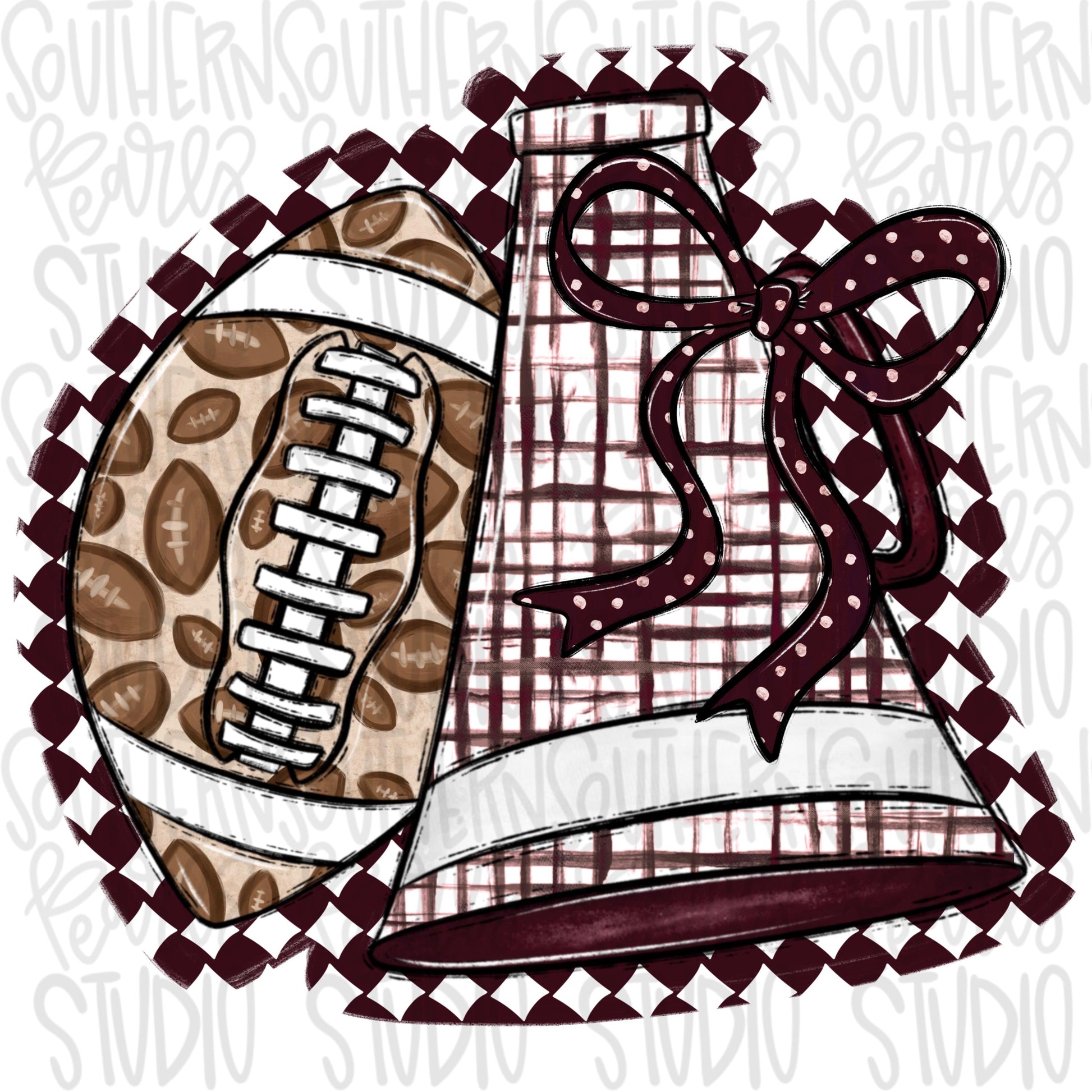 Football and Megaphone with bow | Maroon and white | leopard and check | Go Team | PNG | Sublimation | Design Download