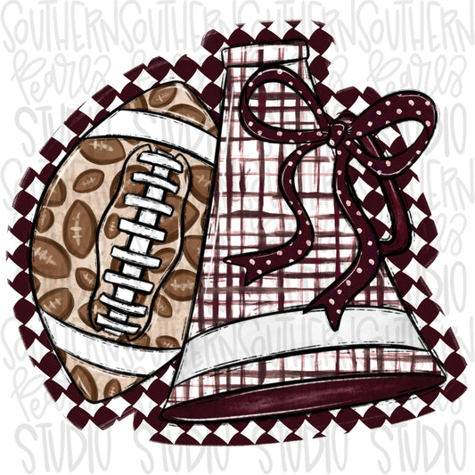 Football and Megaphone with bow | Maroon and white | leopard and check | Go Team | PNG | Sublimation | Design Download