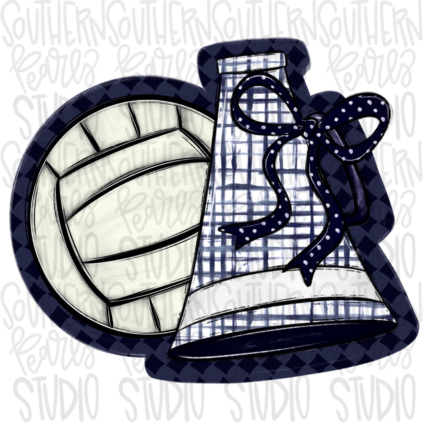 Volleyball and megaphone with bow | Navy and white | Go Team | PNG | Sublimation | Design Download