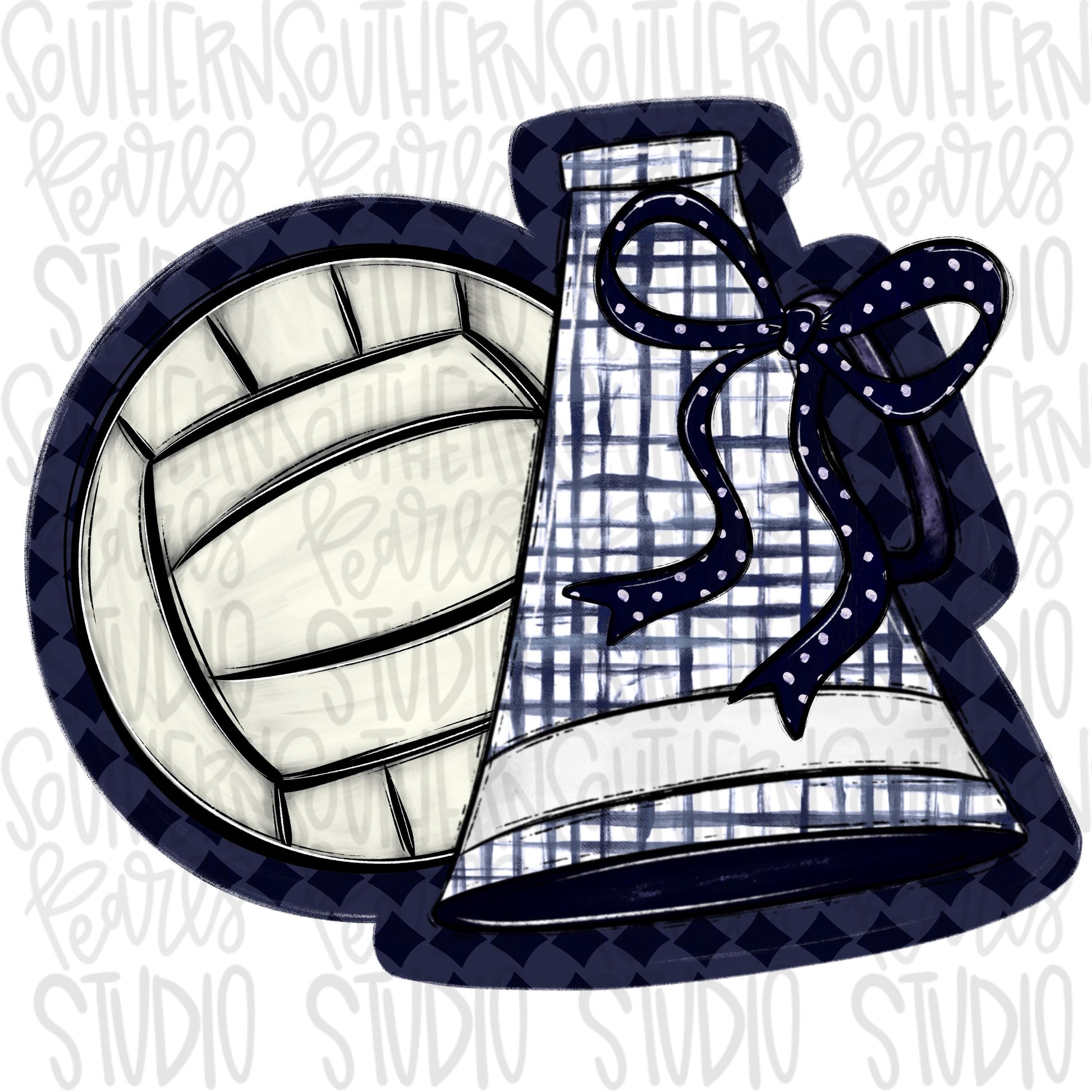 Volleyball and megaphone with bow | Navy and white | Go Team | PNG | Sublimation | Design Download
