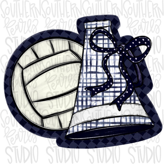 Volleyball and megaphone with bow | Navy and white | Go Team | PNG | Sublimation | Design Download