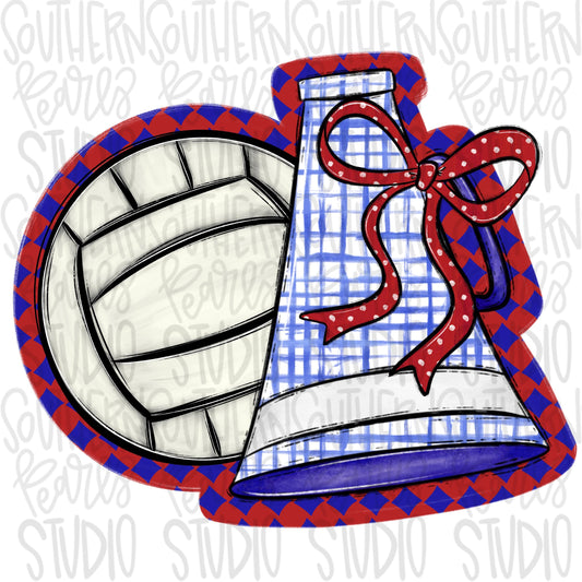 Volleyball and megaphone with bow | red and royal | Go Team | PNG | Sublimation | Design Download