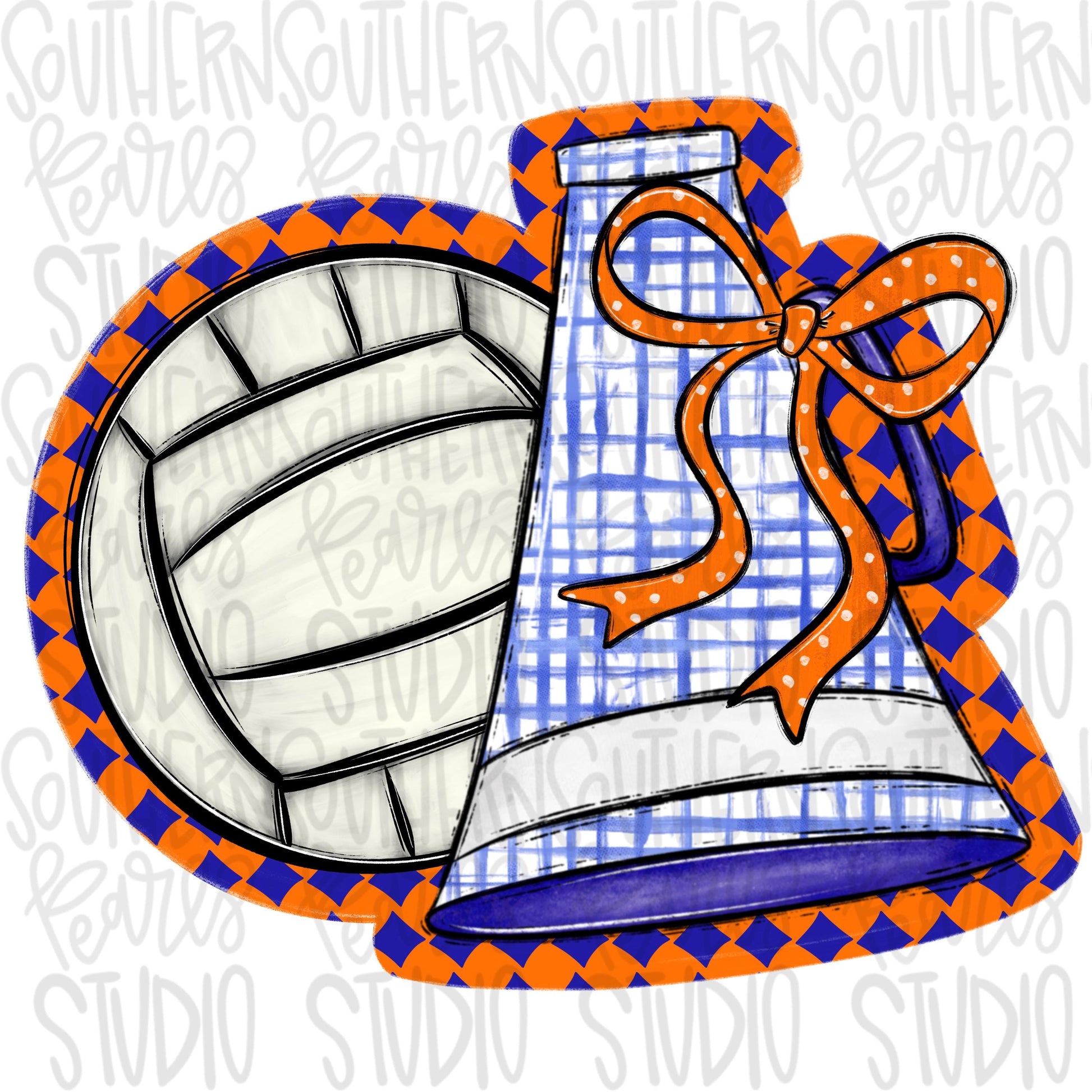 Volleyball and megaphone with bow | Royal and Orange | Go Team | PNG | Sublimation | Design Download