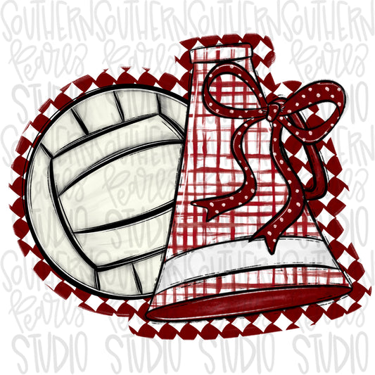 Volleyball and megaphone with bow | crimson and white | Go Team | PNG | Sublimation | Design Download