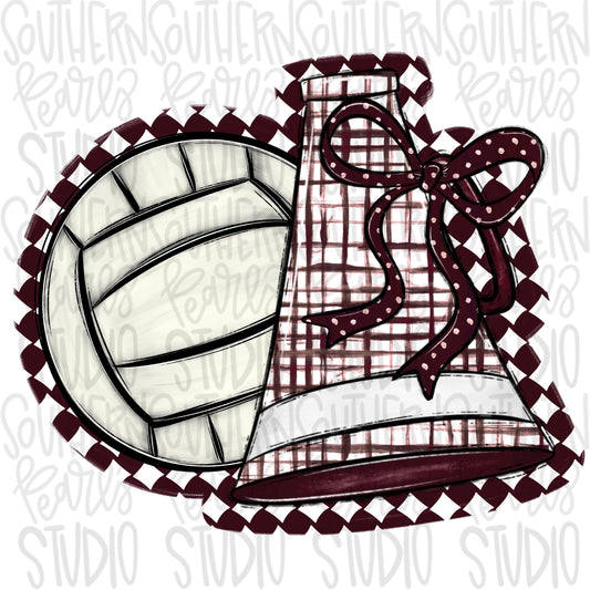 Volleyball and megaphone with bow | maroon and white | Go Team | PNG | Sublimation | Design Download
