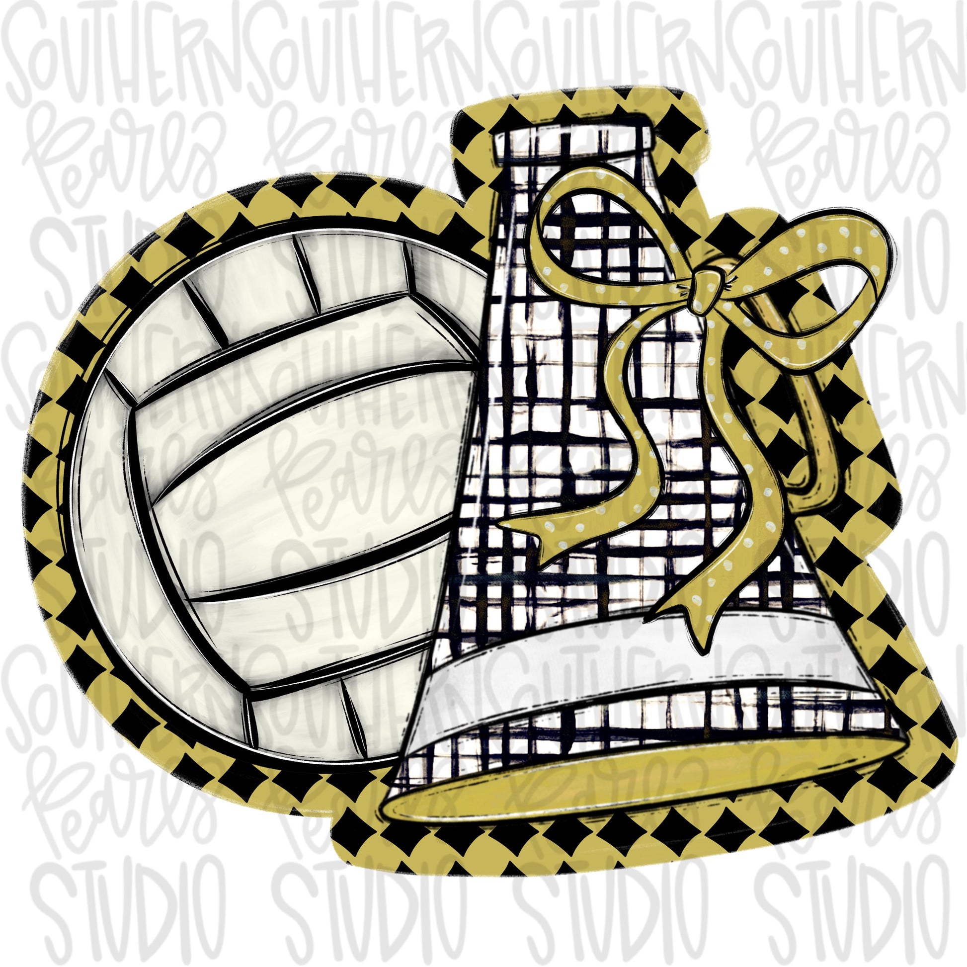 Volleyball and megaphone with bow | Vegas gold and black | Go Team | PNG | Sublimation | Design Download