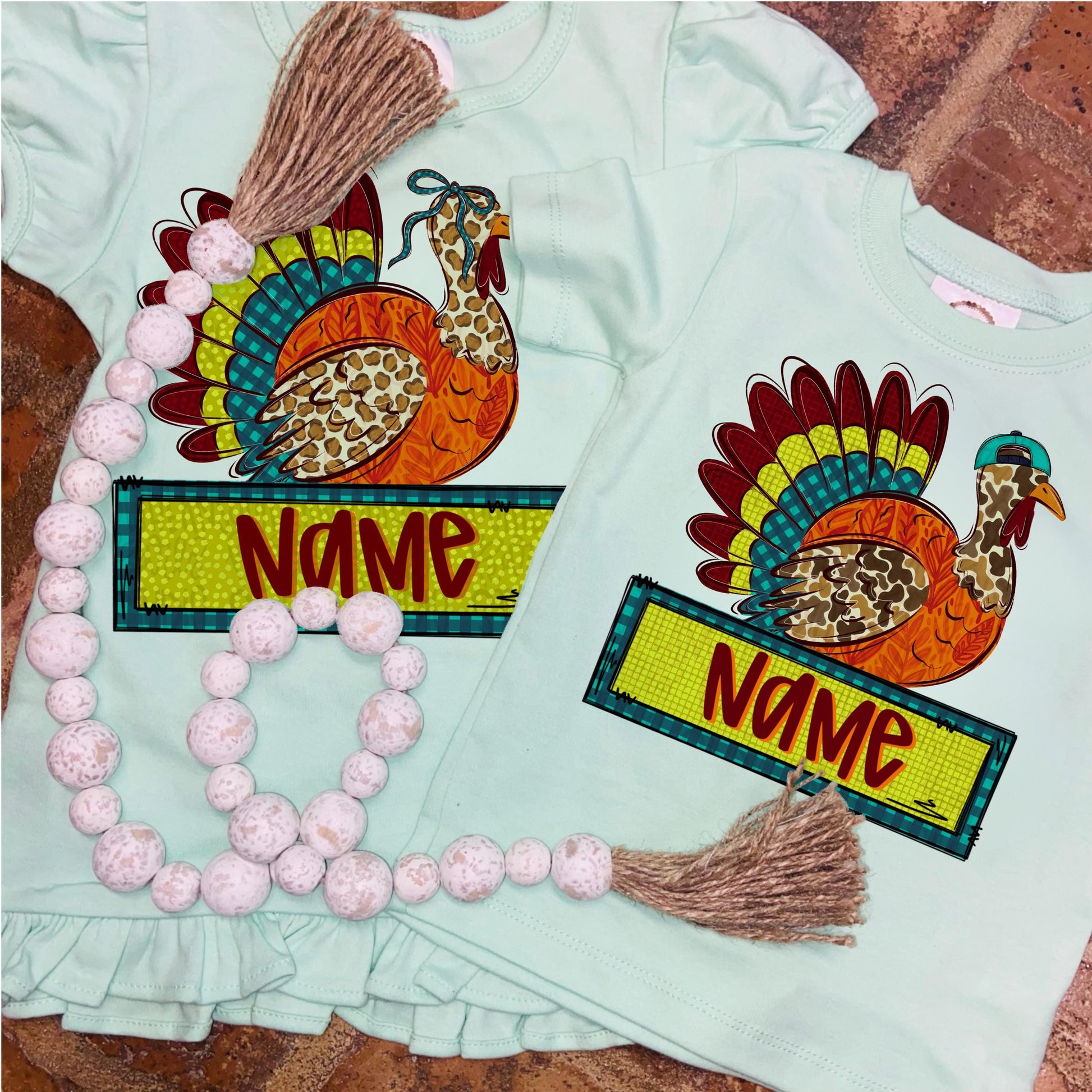 Turkey with bow and Name Patch | leopard and fall colors | Sublimation Design | Digital Download | Women’s, Kids Shirt PNG