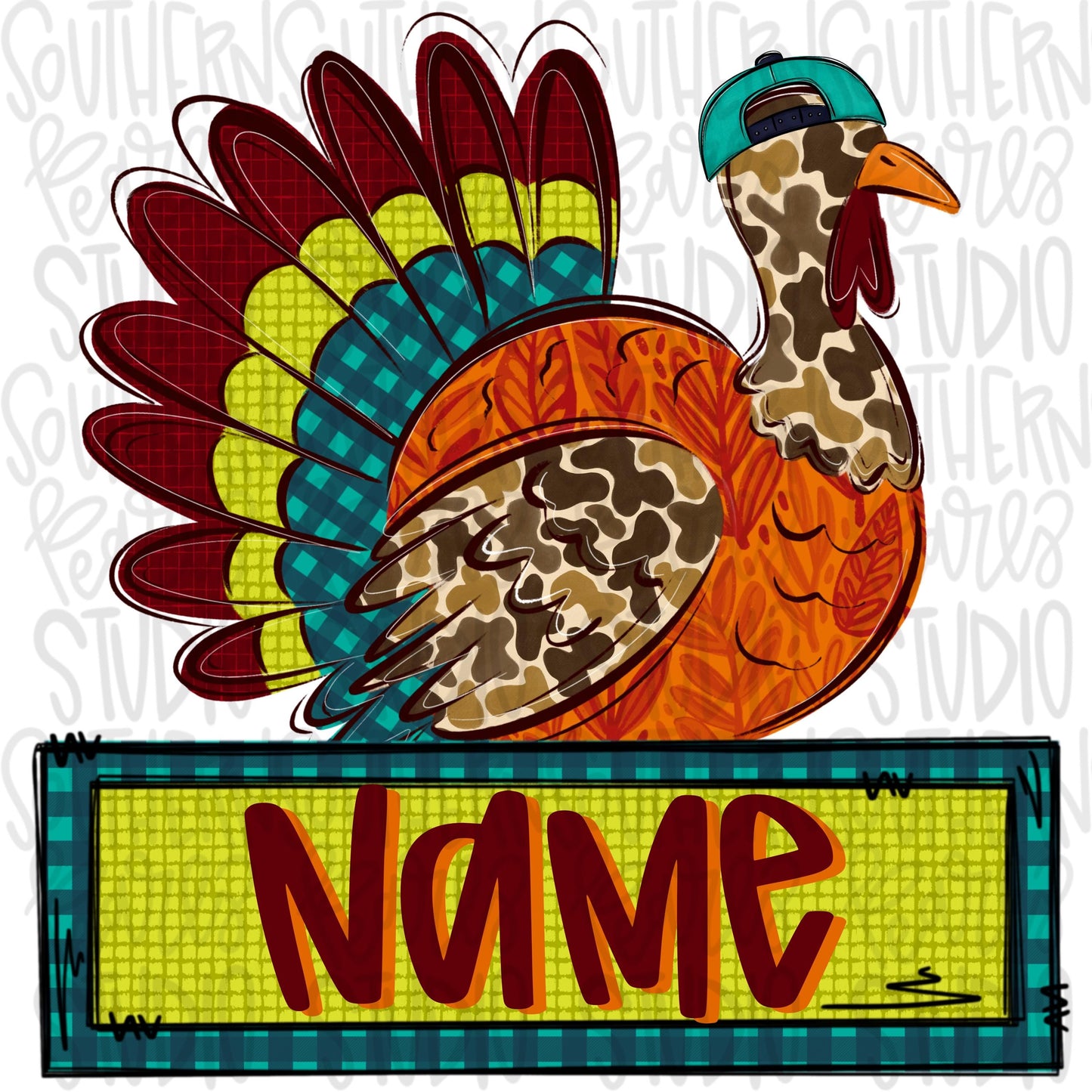 Turkey with hat and Name Patch | brown camo and fall colors | Sublimation Design | Digital Download | Women’s, Kids Shirt PNG