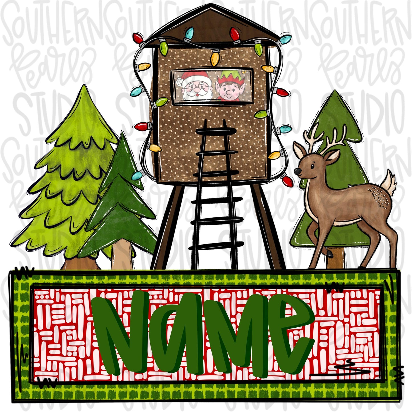 Santa and elf in deer stand hunting design with Name Patch | Christmas | reindeer | Sublimation Design | Digital Download | Kids Shirt PNG