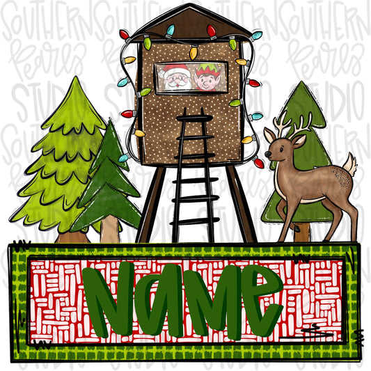 Santa and elf in deer stand hunting design with Name Patch | Christmas | reindeer | Sublimation Design | Digital Download | Kids Shirt PNG