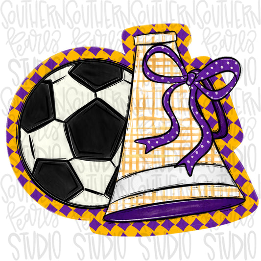 Soccer Megaphone PNG: Purple, Yellow, White, Leopard, Check - Go Team (Digital Download)