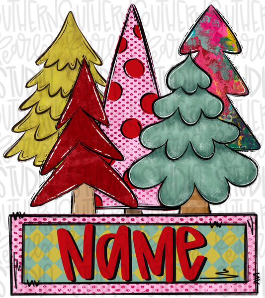 Christmas tree farm with name patch bright colors girly Sublimation Design: PNG (Digital Download)
