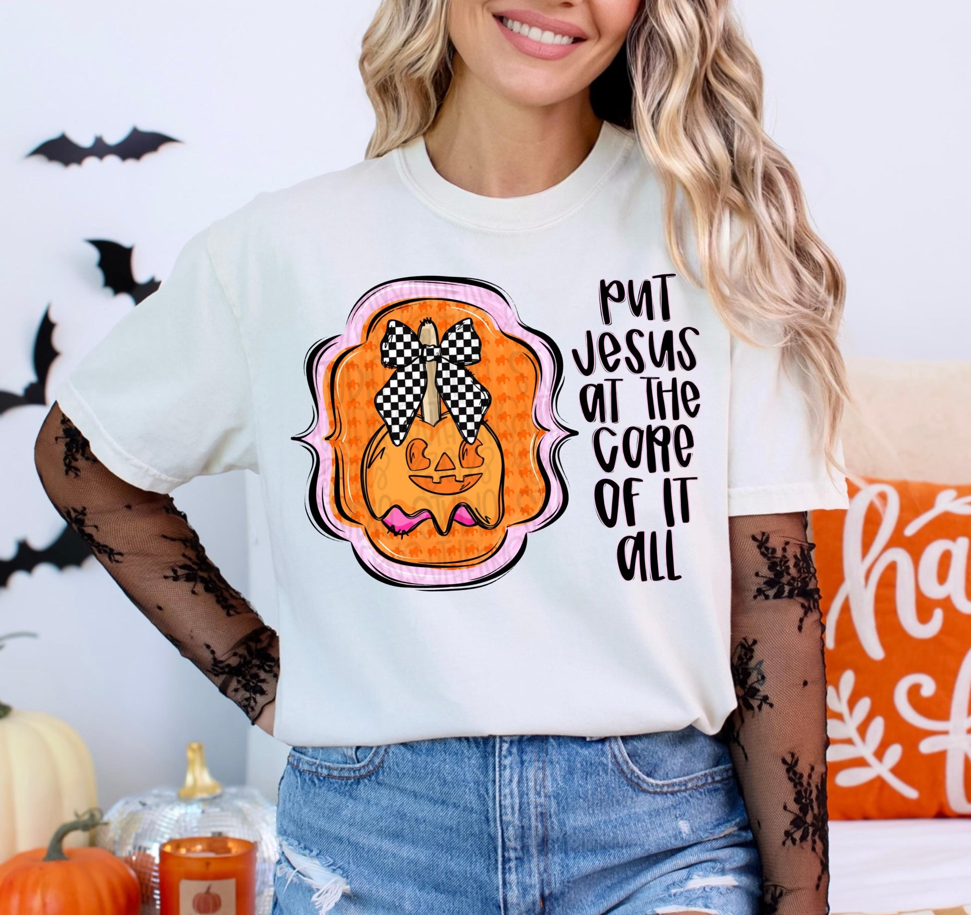Put Jesus at the core of it all Candy Apple jack-o’-lantern in frame | Sublimation Design | Digital Download | Women’s, Kids Shirt PNG
