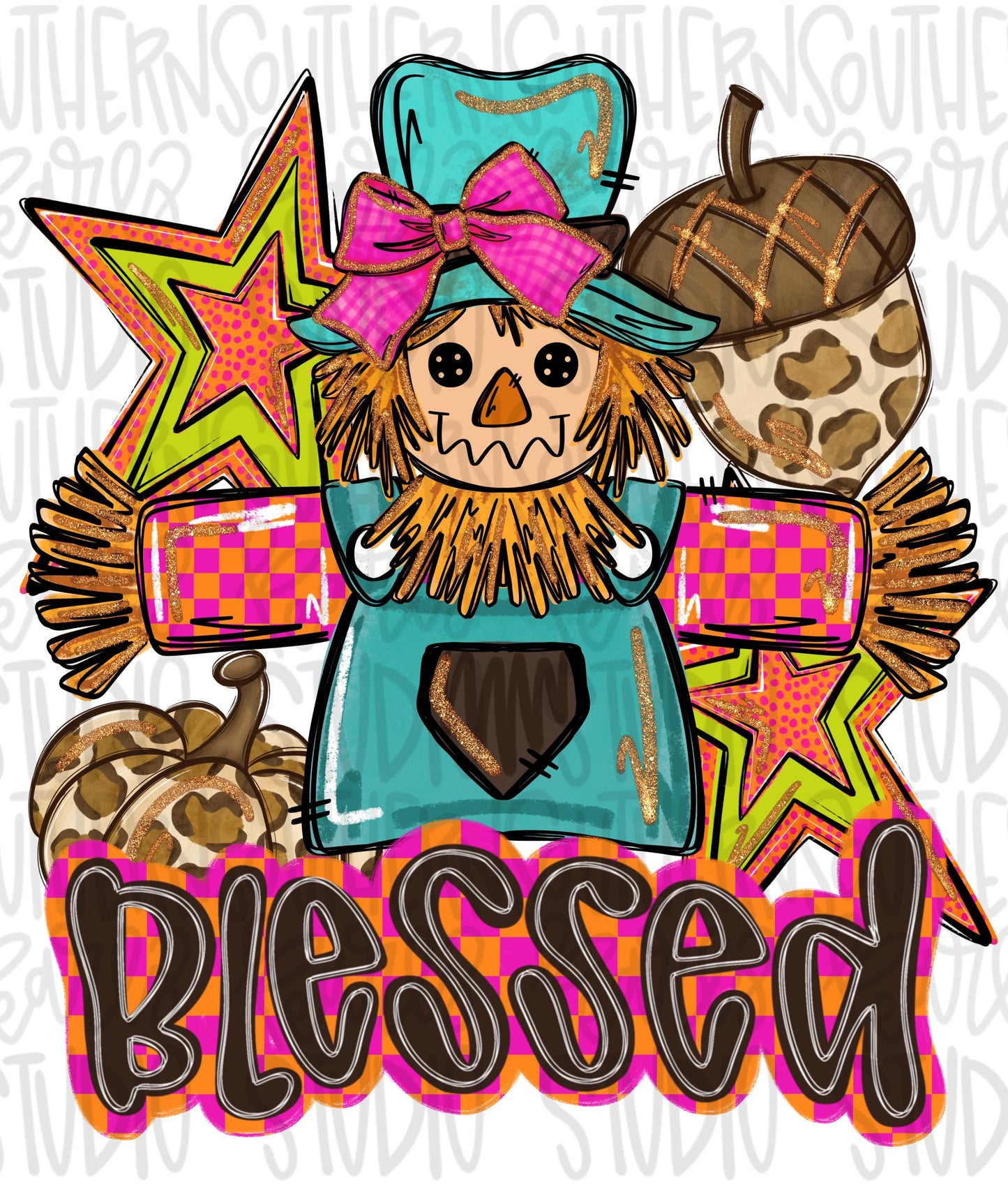 Blessed scarecrow with stars, acorn and pumpkin | colorful | Thanksgiving | Sublimation Design | Digital Download | Women’s, Kids Shirt PNG