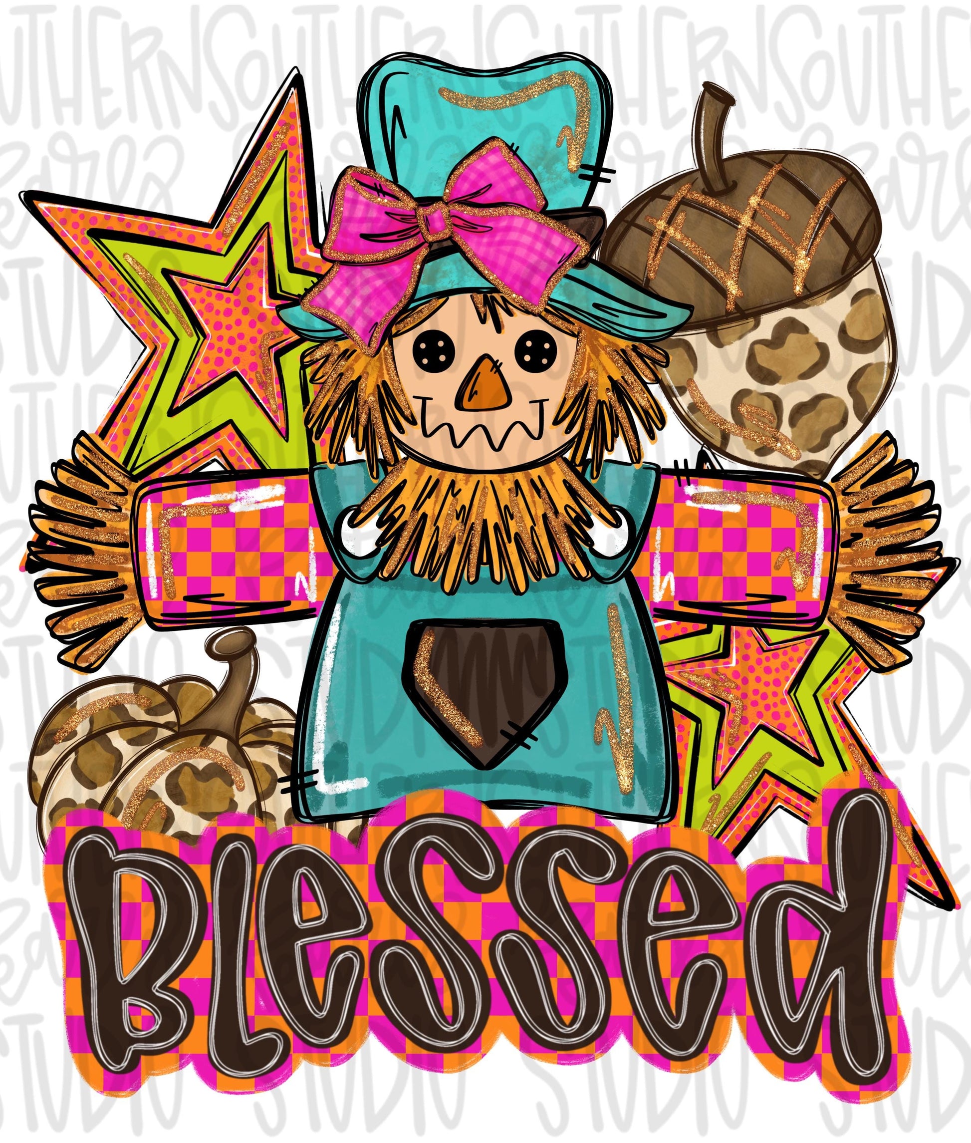 Blessed scarecrow with stars, acorn and pumpkin | colorful | Thanksgiving | Sublimation Design | Digital Download | Women’s, Kids Shirt PNG