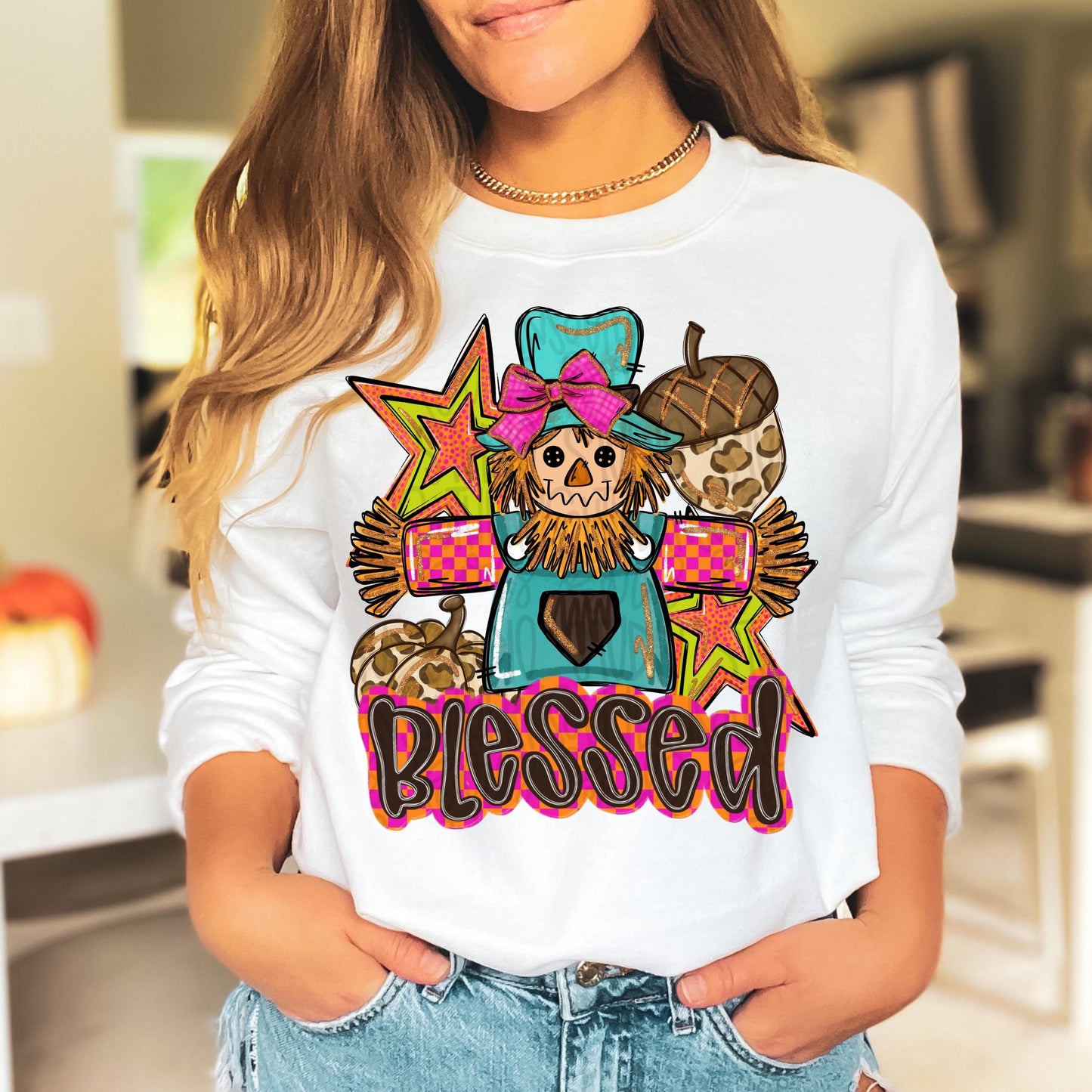 Blessed scarecrow with stars, acorn and pumpkin | colorful | Thanksgiving | Sublimation Design | Digital Download | Women’s, Kids Shirt PNG