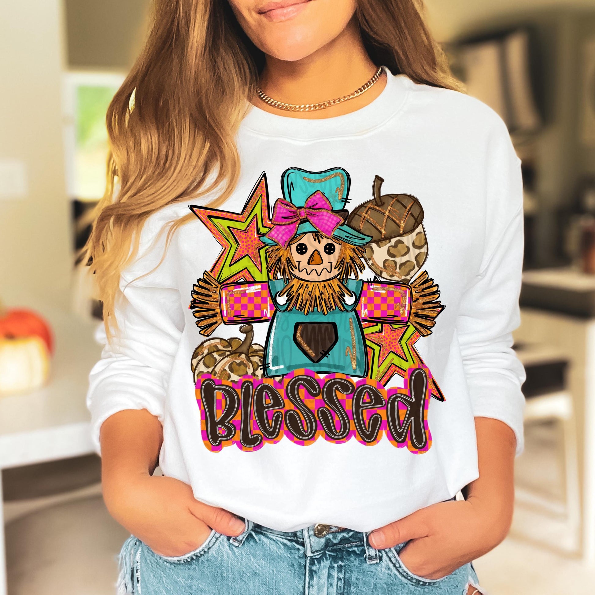 Blessed scarecrow with stars, acorn and pumpkin | colorful | Thanksgiving | Sublimation Design | Digital Download | Women’s, Kids Shirt PNG