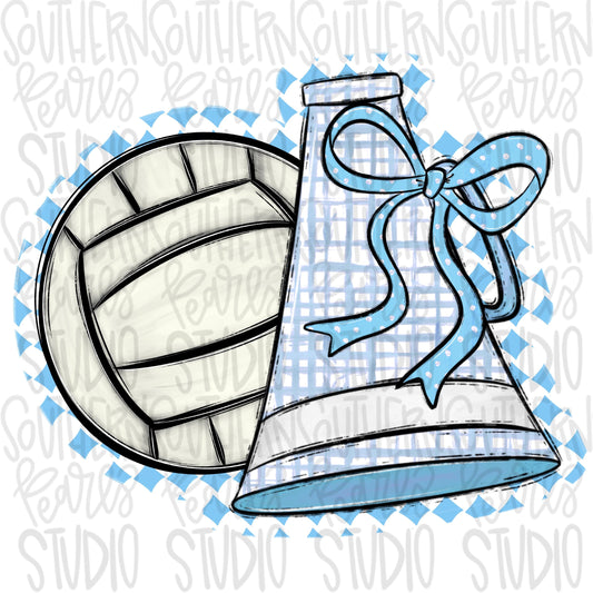 Volleyball and megaphone with bow | Columbia Blue and white | Go Team | PNG | Sublimation | Design Download