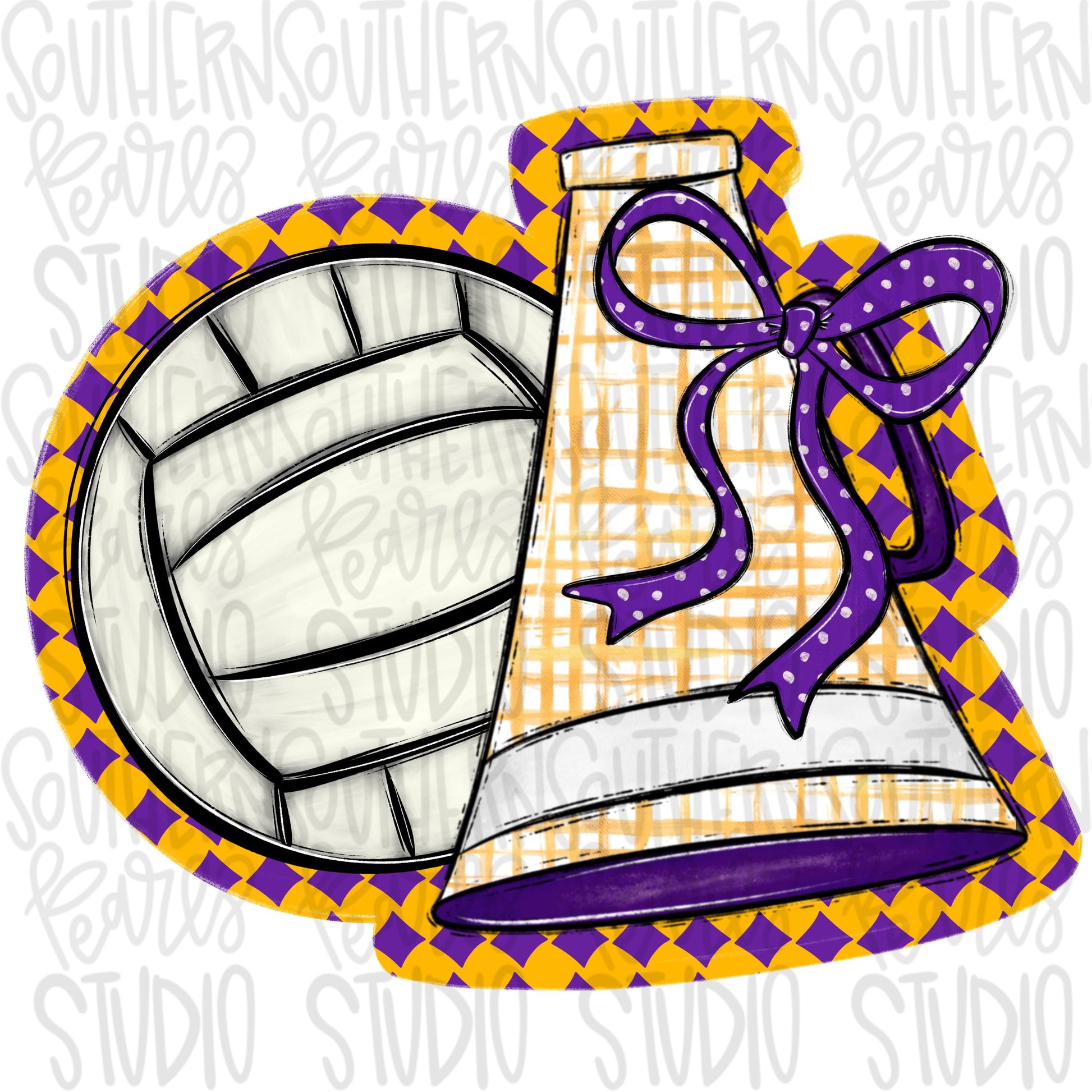 Volleyball and megaphone with bow | purple and yellow | Go Team | PNG | Sublimation | Design Download