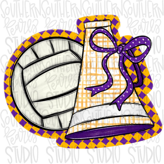 Volleyball and megaphone with bow | purple and yellow | Go Team | PNG | Sublimation | Design Download