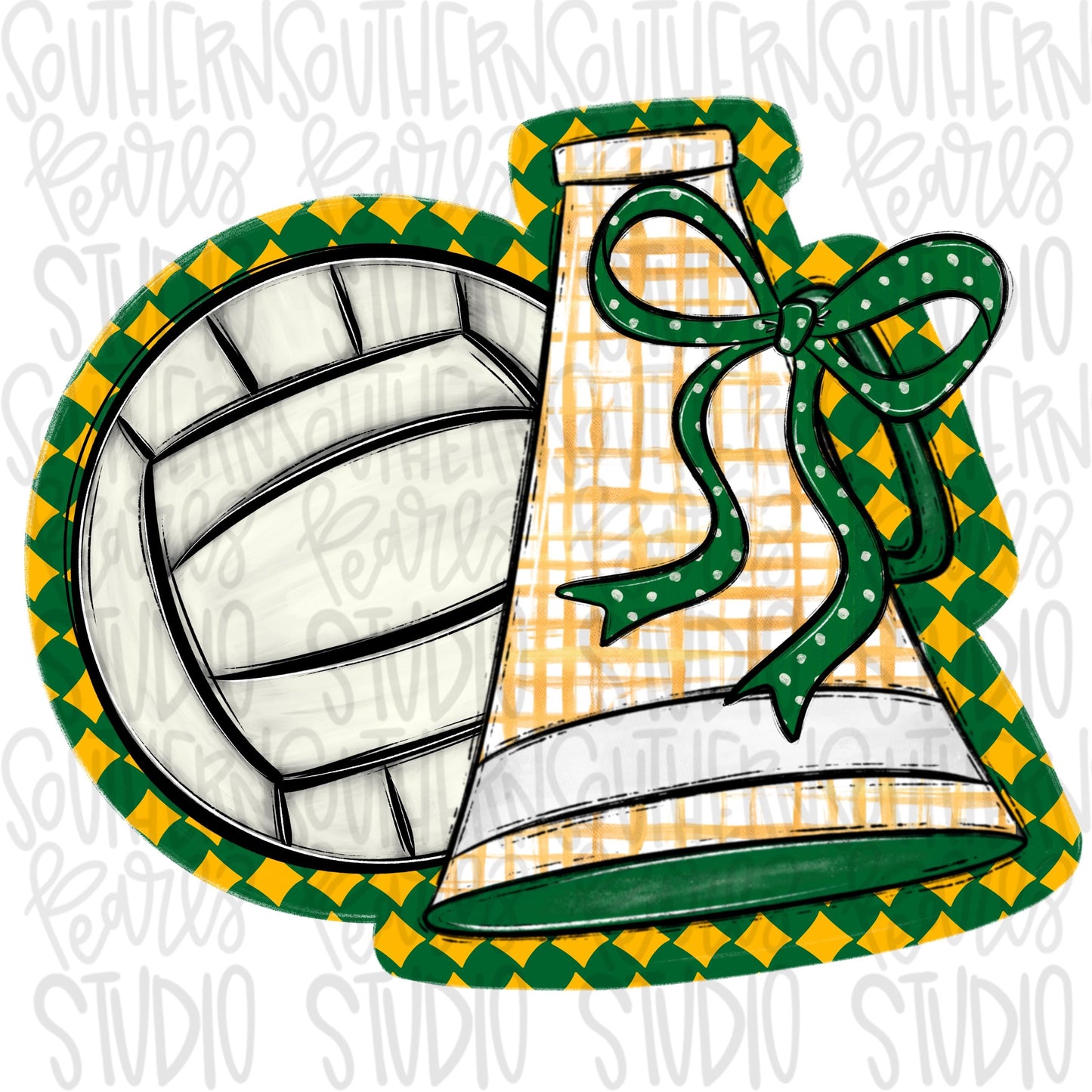 Volleyball and megaphone with bow | green and yellow | Go Team | PNG | Sublimation | Design Download